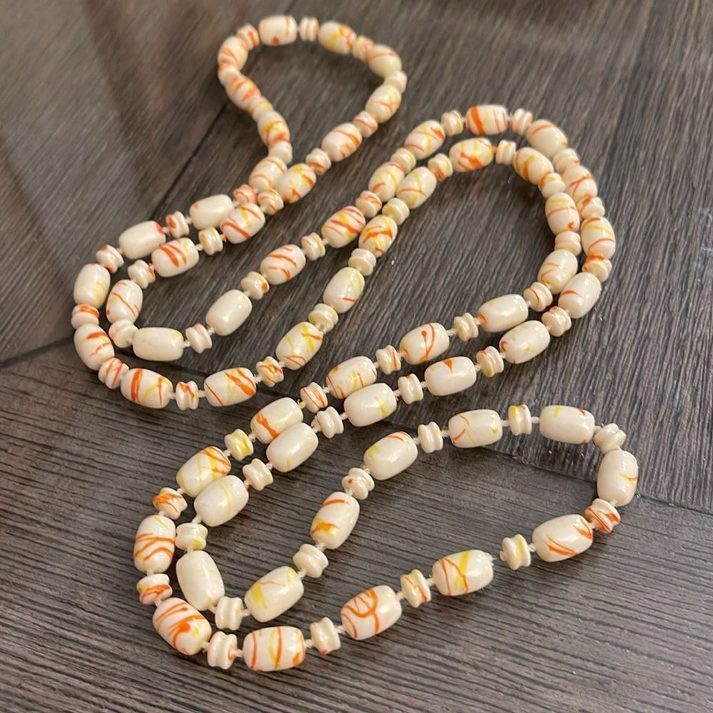 Vintage Beaded Necklace Ivory with Orange and Yellow Paint Splatter Design
